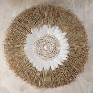 Raffia Wall Hanging: Coastal Bohemian Shell & Feather Ornament