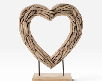 Teak Branch Heart Sculpture on Stand, Rustic Love Decor, Wedding Gift, Handmade in Java