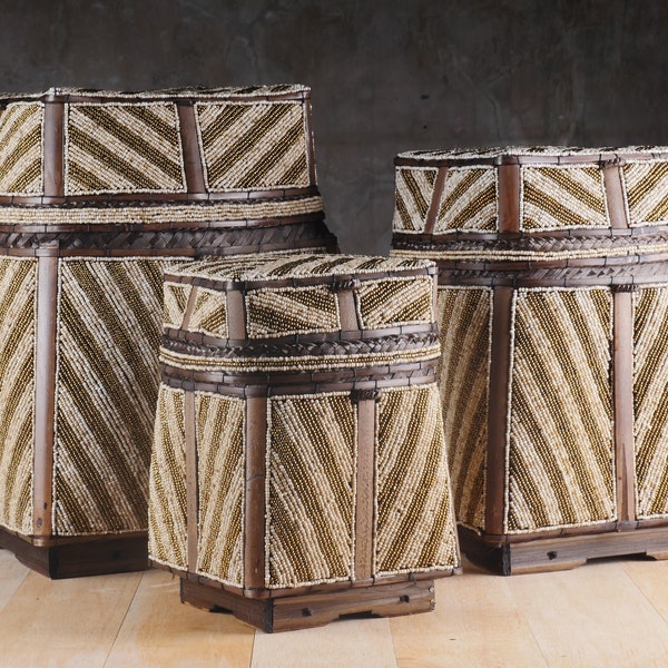 I cestini di riso - Grandi cestini decorativi con perline - Set di cestini balinesi fatti a mano - Grande set di cestini di bambù intrecciati - Cesto con perline