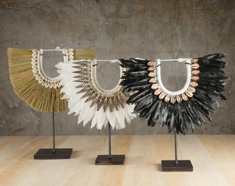 Mini Papua Necklace Set: Cowrie Shell, Feather & Fiber Boho Decor
