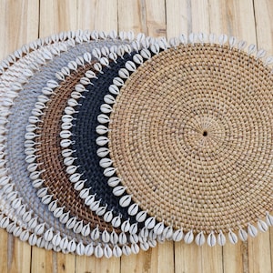 Manteles individuales de ratán con concha de cauri - Decoración de cocina bohemia, 33 cm