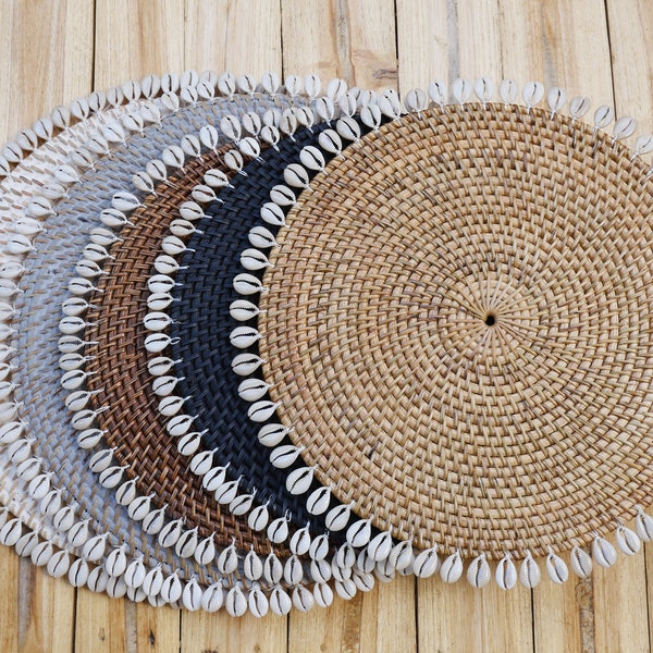Set of Cowrie Shell Placemates - Rattan Placemates - Boho Kitchen Decor - Cowrie Rattan Underplates - Plate Charger Boho