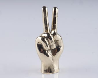 MINI Brass Peace Sign Sculpture: Handcrafted Victory Hand