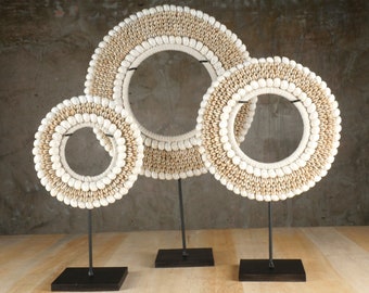 Papua Tribal Necklace Sculpture: Cowrie Shell & Macramé Art Stand