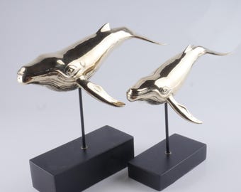 Elegant Cast Golden Brass Humpback Whale Sculpture - Ocean Decor - Marine Life Art