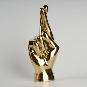 The Crossed Fingers - Promise Hand - Brass Crossed Fingers sign Sculpture - Brass Hand Sign - Brass Hand Signal - Brass Crossed Fingers