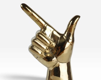 Brass Pointing Hand Sculpture, Sand Cast Statue, Finger Gun Decor, Unique Artisan Gift
