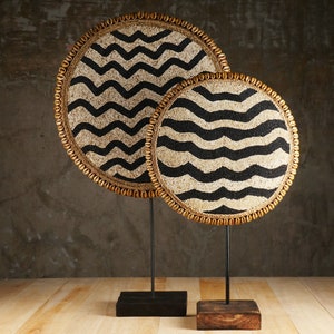 The Black Waved Beaded Shield  - Tikar Inspired Beaded Shield - Wooden Decorative Shield on stand