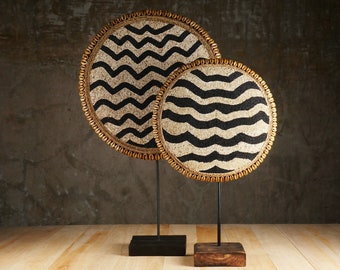 Tikar Inspired Beaded Shield: Black Waved Wooden Decorative Shield