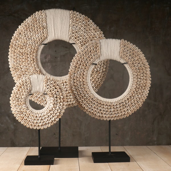 Traditional Papua Necklace Art Stand – Made with Cowrie Shells and Cotton Macramé Yarn; Tribal Necklace Display Sculpture for Table, Mantel