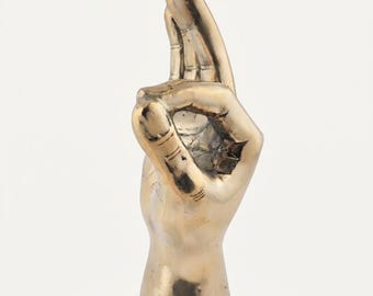 Brass OK Hand Sculpture, Sand Cast Vitarka Mudra Statue, Unique Positive Gift