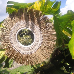 Papua Shell and Grass Mirror - Raffia Seashells Round Mirror - Seagreass Round Mirror - Boho Wall Mirror - Cowrie Wall Mirror -