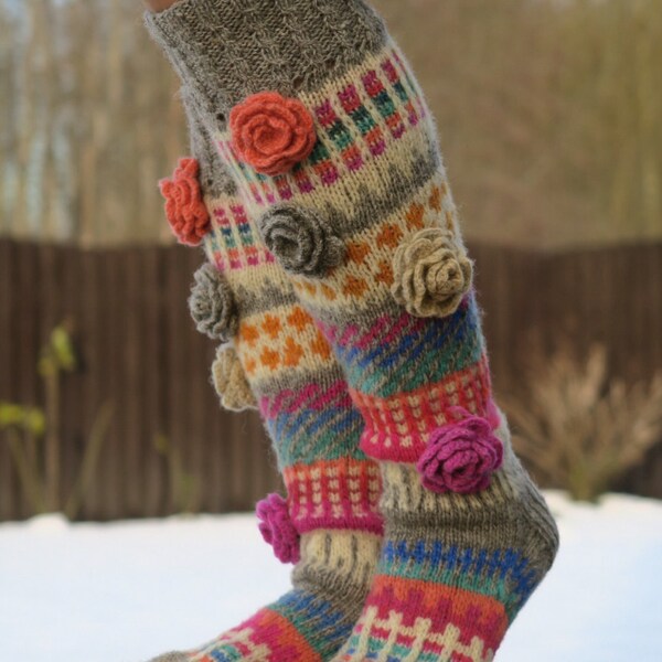 Wool Socks | Knee High Socks | Hand Knit Socks | Crochet Flowers | Winter Socks | Unique Gift For Her