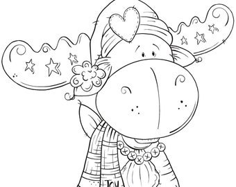 Winter Molly Moose Coloring Page Line Art - PNG Clipart Commercial Use Instant Digital Download Dye Sublimation