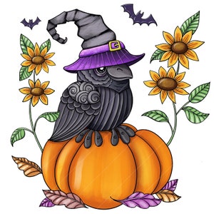 May include: A black crow wearing a purple and black witch hat sits on top of an orange pumpkin. The crow has a black beak and small, round, black eyes. The pumpkin is surrounded by green leaves and yellow sunflowers.