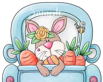 Easter Bunny and Blue Truck  - PNG Clipart Commercial Use Instant Digital Download Dye Sublimation