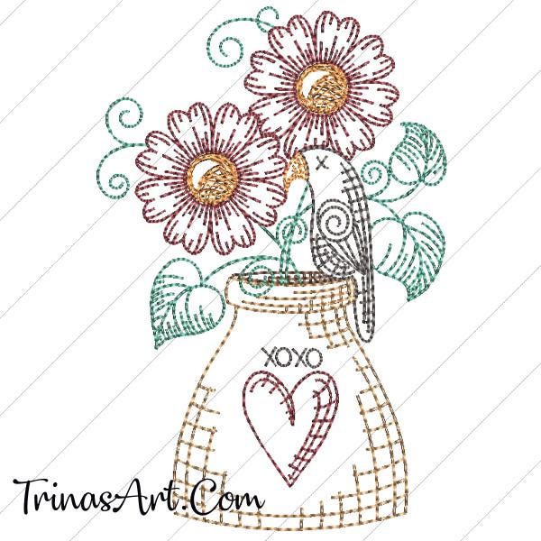 Primitieve kraai en bloemen met vaas 1 machineschets borduurontwerp 4 x 4 en 5 x 5 inch commercieel gebruik toegestaan