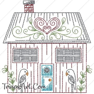 May include: A black and white line drawing of a small house with a heart on the roof, two birds on either side of the door, and a chimney. The house has two windows and a door. The drawing is on a white background.