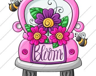 Bloom Truck with Flowers & Bees - PNG Clipart Commercial Use Instant Digital Download Dye Sublimation