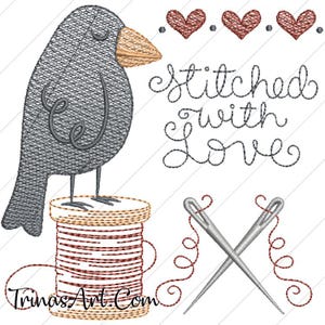 May include: A digital illustration featuring a gray bird with a tan beak perched on a spool of thread. The image includes the text "Stitched with Love", three red hearts, and crossed needles with red thread. The website address "TrinasArt.Com" is also visible.