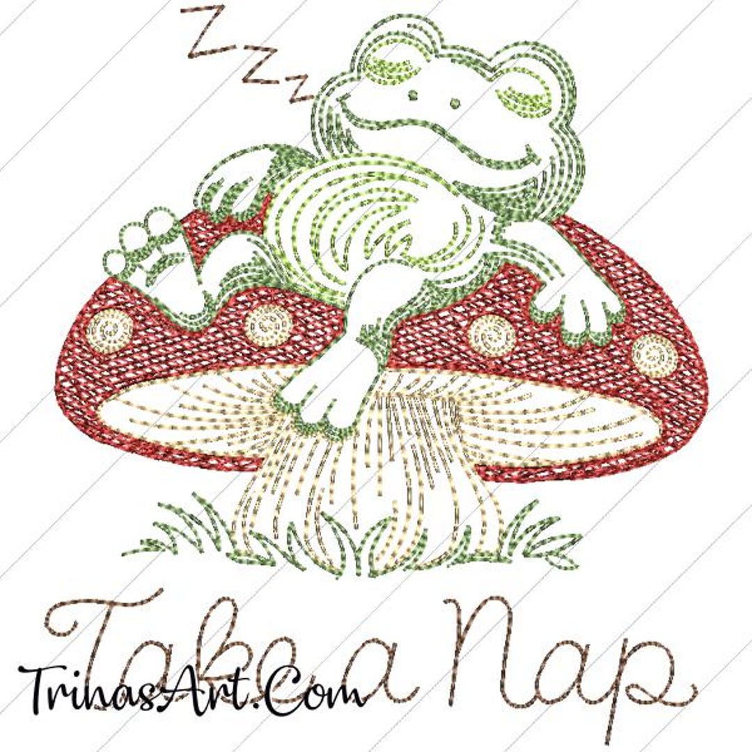 Sleepy Frog on Mushroom Sketch Embroidery Design - Whimsical 4x4 & 5x5 ...