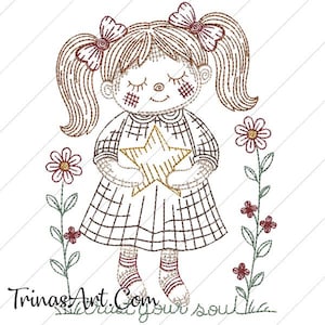 May include: A digital embroidery design featuring a girl with pigtails holding a star. She is wearing a plaid dress and has a sweet expression on her face. The design is surrounded by small flowers.
