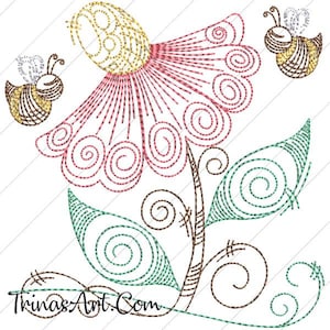 May include: A stylized embroidery design of a flower with a pink and red center and green leaves. Two bees are flying around the flower. The design is outlined in brown thread and the text "TrinasArt.Com" is at the bottom of the image.