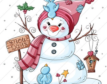 Snow Days Snowman & Bluebirds  - PNG Clipart Commercial Use Instant Digital Download Dye Sublimation