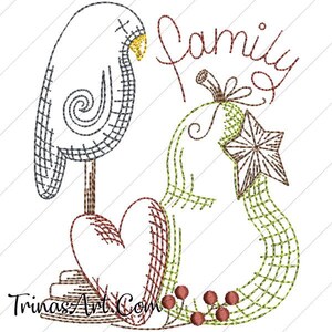 May include: An embroidered design featuring a bird, heart, and pumpkin with a star. The word "Family" is written in cursive. The design includes red, green, brown, and gold colours. The text "TrinasArt.Com" is at the bottom.