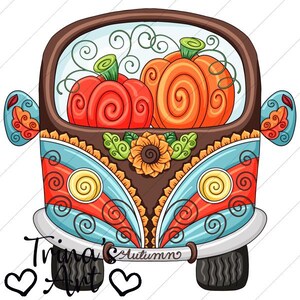 Op de afbeelding: Een kleurrijke, gepatroneerde, cartoonachtige bestelwagen met een bruin dak en een raam dat twee oranje en rode pompoenen laat zien. De bestelwagen heeft een blauw en rood lichaam met swirls en cirkels. De tekst "Tring's Autumn" staat op de voorkant van de bestelwagen.