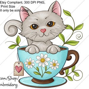 Kitty in een theekopje illustraties - Etsy-compatibel, exclusief, uniek OOAK - 300 DPI PNG door mensen gemaakt ontwerp - afdrukformaat 12" of kleiner