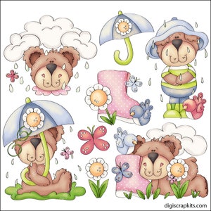 Rainy Day Bears 1 - Clip Art Designs Graphics Illustrations Sublimation PNG Instant Digital Download, Commercial Use Allowed