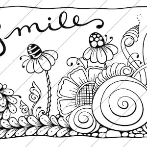 Puede incluir: Ilustración en blanco y negro de línea de arte de una escena de jardín caprichosa con flores, hojas y remolinos. La palabra "Smile" está escrita en cursiva en la parte superior de la imagen.