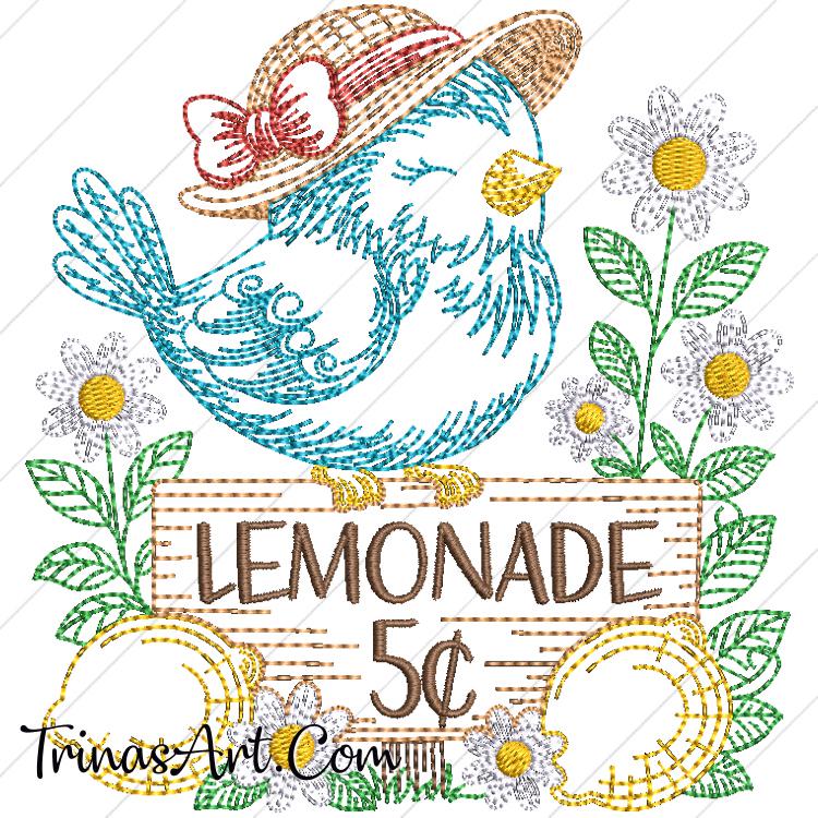 Lemonade Bluebird Embroidery Design – Summer Bird with Hat – 4x4 & 5x5