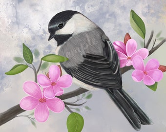 PRINTABLE 12x12 Digital Painting - Chickadee and Apple Blossoms  - Not a Physical Product, This is a Digital Download You Can Print