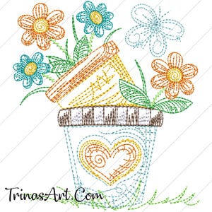 May include: A stitched embroidery design of a flower pot with a heart design and flowers in shades of orange, blue, and green. The pot has a label that says "Art".