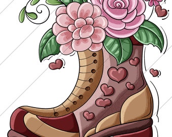 Boot Hearts & Flowers Valentine's Day - PNG Clipart Commercial Use Instant Digital Download Dye Sublimation