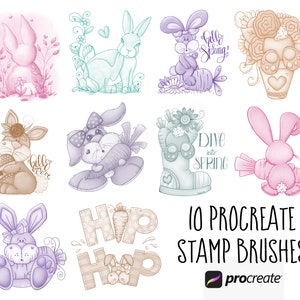 Pode incluir: Dez pincéis de carimbo Procreate com lindas ilustrações de coelhos em cores pastel. Os pincéis incluem desenhos com coelhos segurando cenouras, flores e corações. O texto "Hello Spring!" e "Dive into Spring" também está incluído.