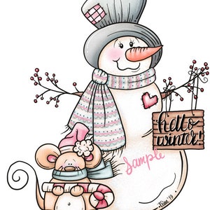 Hello Winter Snowman & Mouse  - PNG Clipart Commercial Use Instant Digital Download Dye Sublimation