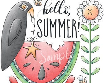 Hello Summer Crow and Watermelon - PNG Clipart Commercial Use Instant Digital Download Dye Sublimation