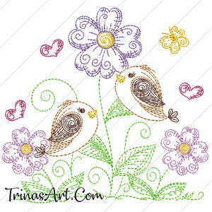 May include: Embroidered design featuring two brown birds perched on a green stem with purple flowers and hearts. The design includes the text "TrinasArt.Com".