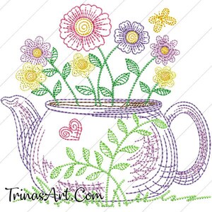 May include: A purple teapot with a heart design and a bouquet of colorful flowers in it. The flowers are pink, yellow, purple, and green. The teapot is sitting on a green grassy surface. The text "TrinasArt.Com" is at the bottom of the image.