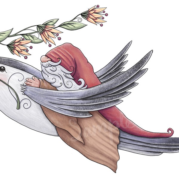 Friends in Flight Gnome and Nuthatch Bird - PNG Clipart Commercial Use Instant Digital Download Dye Sublimation