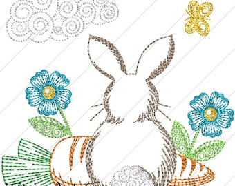 Back Side of Easter Bunny with Carrot & Flowers, Machine Sketch Embroidery Design 4&quot;x4&quot; and 5&quot;x5&quot; Commercial Use Allowed