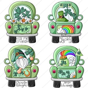 May include: Four different designs of green pickup trucks with various St. Patrick's Day themes. The trucks have different sayings on the back, including "Kiss Me I'm Irish", "Feeling Lucky", "Erin Go Bragh", and "Irish Blessings".
