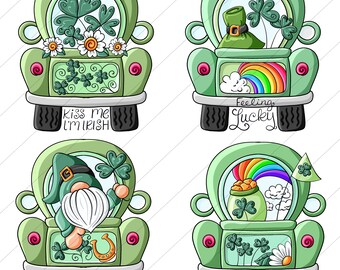 St Patrick's Day Pick Up Trucks - Clip Art Designs Graphics Illustrations Sublimation PNG Instant Digital Download, Commercial Use Allowed
