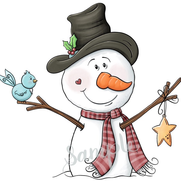 Sammy Snowman and Bluebird  - PNG Clipart Commercial Use Instant Digital Download Dye Sublimation