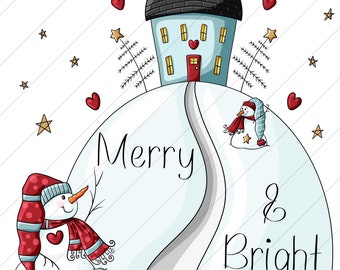 Merry & Bright Primitive Snowman Saltbox House Scene  - PNG Clipart Commercial Use Instant Digital Download Dye Sublimation