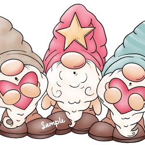 May include: Three gnomes holding pink hearts. The gnome on the left is wearing a brown hat, the gnome in the middle is wearing a pink hat with a gold star, and the gnome on the right is wearing a blue hat.