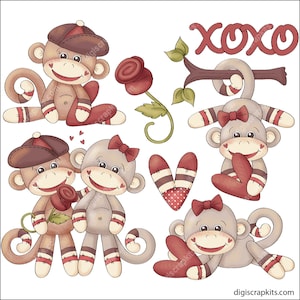 May include: A set of digital scrapbook paper featuring cute cartoon monkeys with hearts, roses, and the text "XOXO".